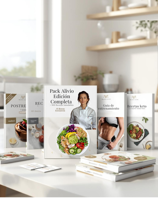 Pack Alivio Edición Completa - 5 E-books + 900 Recetas Saludables + Guía entrenamiento + 15 Bonos Exclusivos.